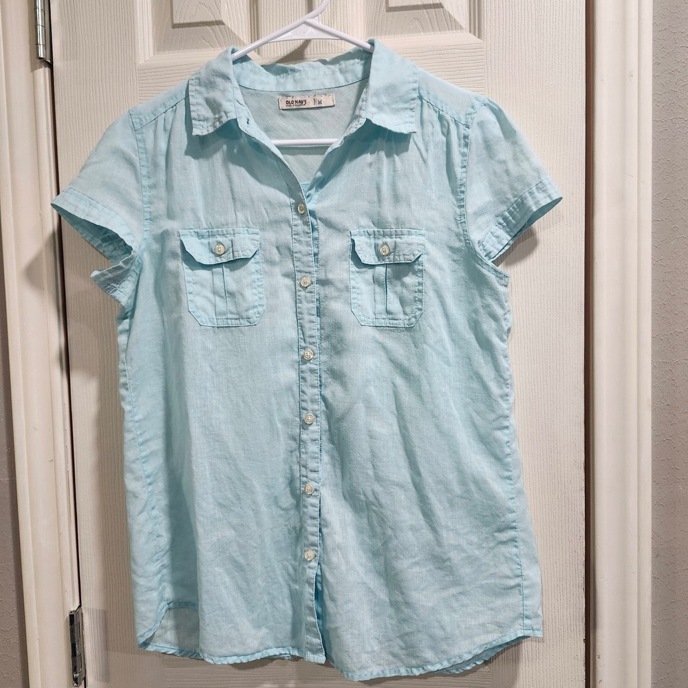 Old Navy Women's M Light Blue Linen Button Front Short Sleeve Blouse Shirt